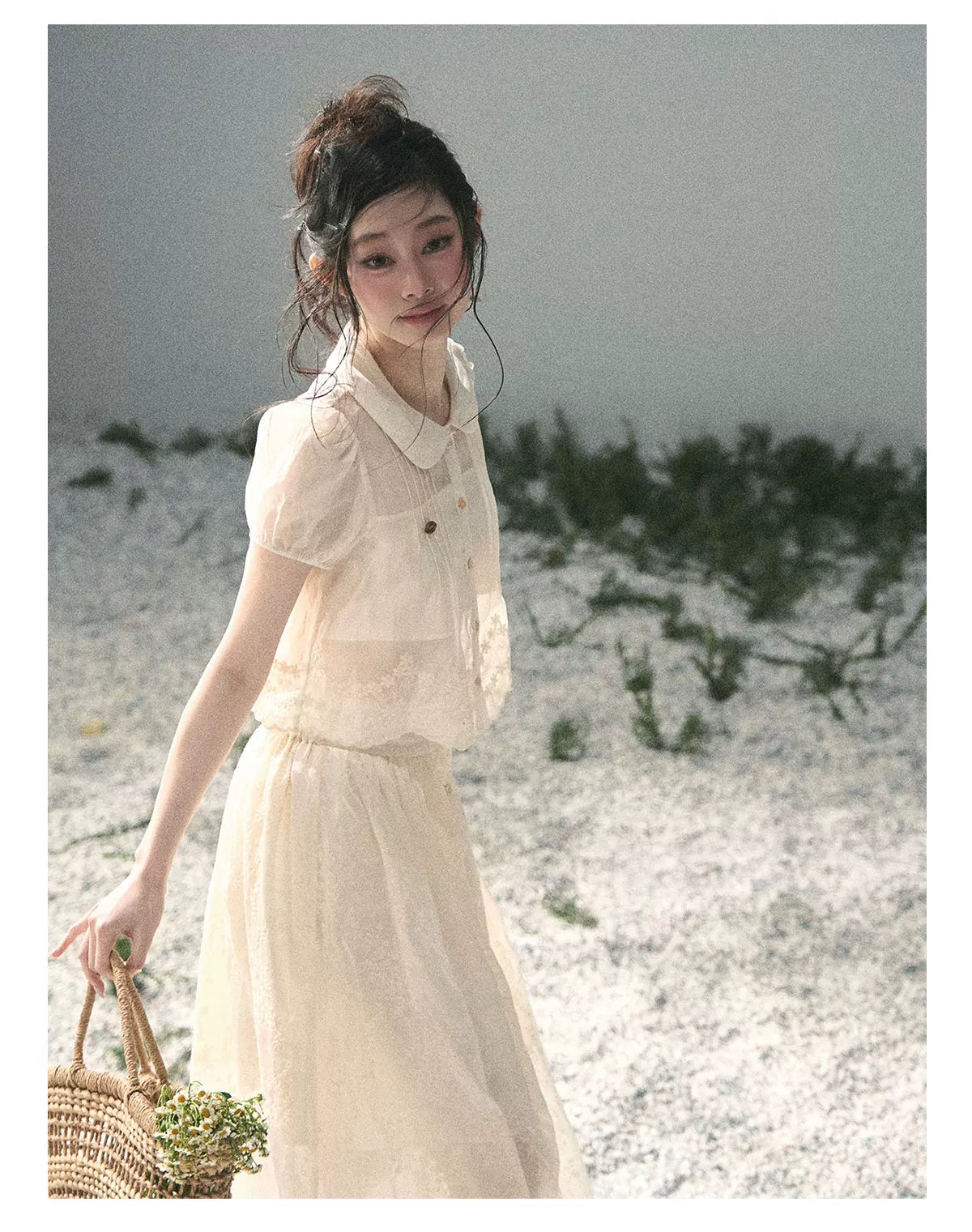 "Apricot Blossom After Rain" Dutch Cheese Lace Blouse & Maxi Skirt Set 532453