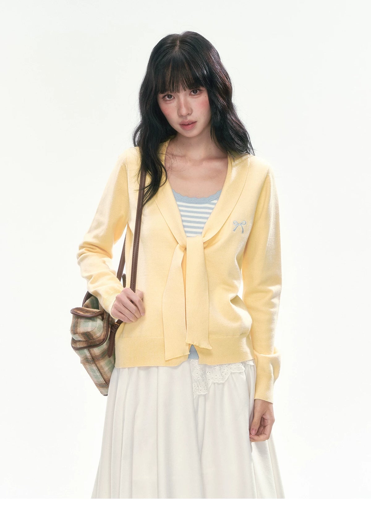 [CAN] Bow Embroidery Knit Cardigan (Blue / Yellow)