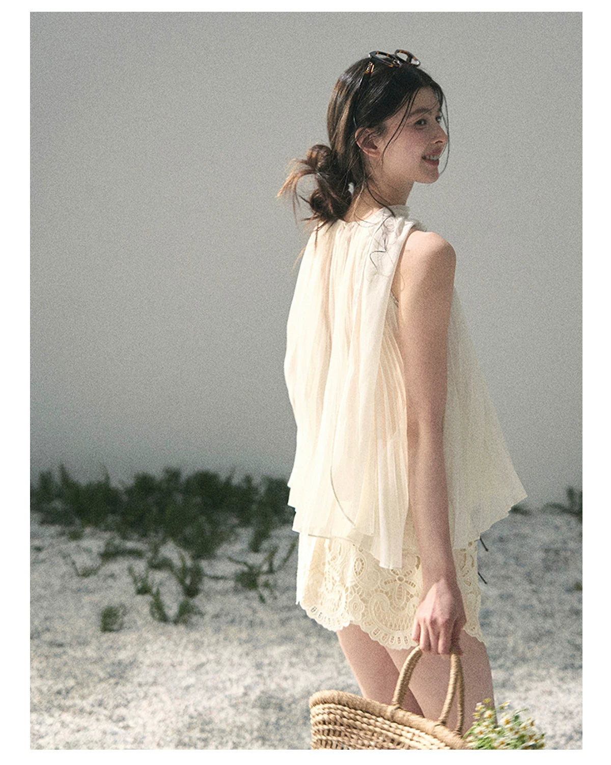 “Summer Light Through Pleats” Ivory Lace Pleated Halter Blouse