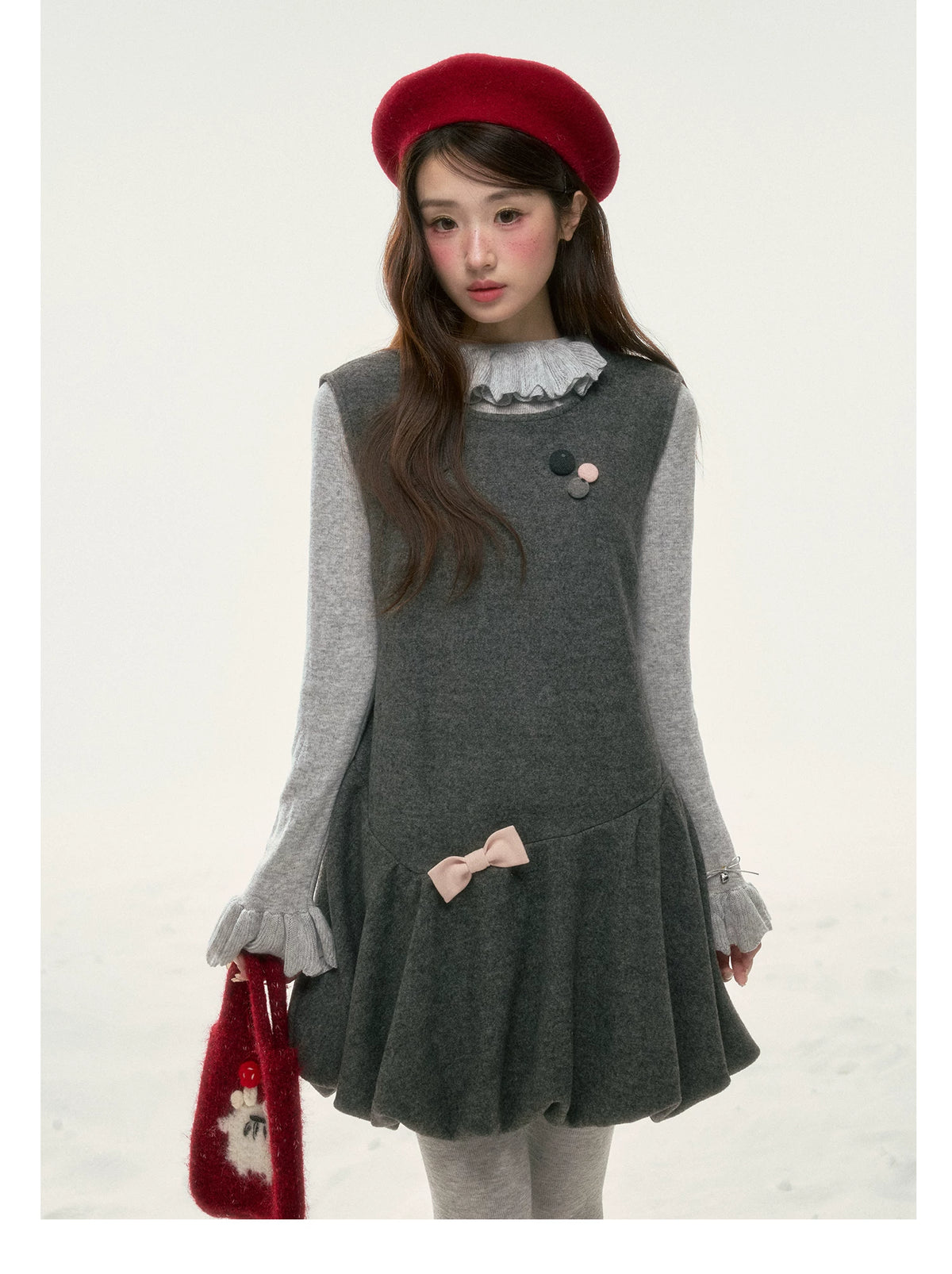 BIBIBENCY - Gray Blouson Cami Dress & Layering Top Set