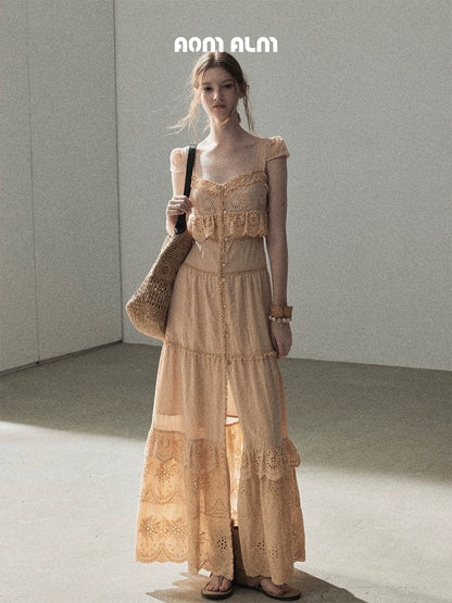 "Where May Meets the Sea" Cinnamon Pink Ruffle Tiered Maxi Dress