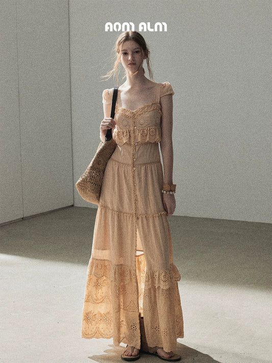 "Where May Meets the Sea" Cinnamon Pink Ruffle Tiered Maxi Dress
