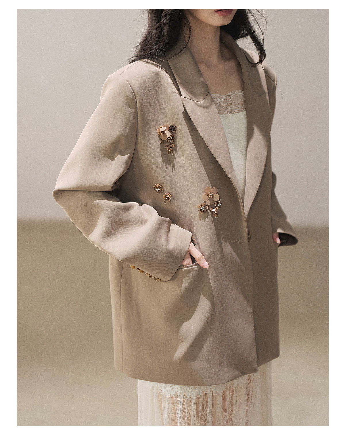 170726 "Your Open Meadow" Cream Apricot White Lace Slip Dress + Gray Taupe Tailored Blazer