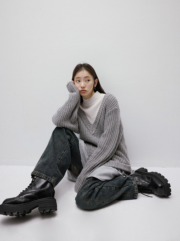 FUSSED Noise Irregular Knit Patchwork V-Neck Sweater Dress FOF-25SS023