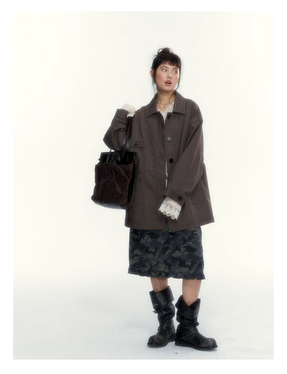 Dark Coffee Brown Washed Cotton Utility Jacket