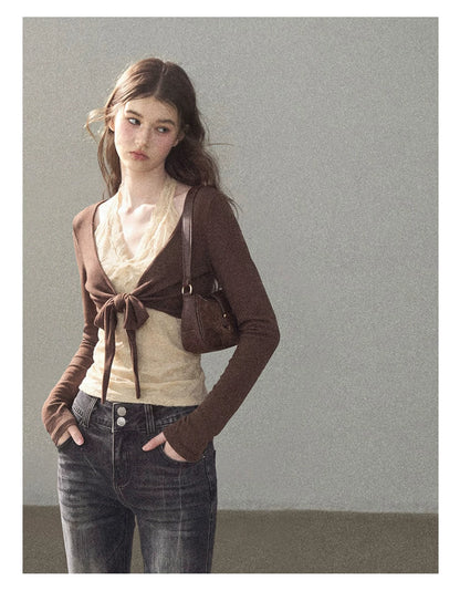 AOMALM - "Tender in This Moment" Rich Cocoa Faux Two-Piece Lace Top