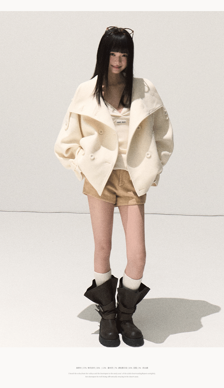 OAKMOO/ Sand Beige Wool Stand-Collar Short Coat