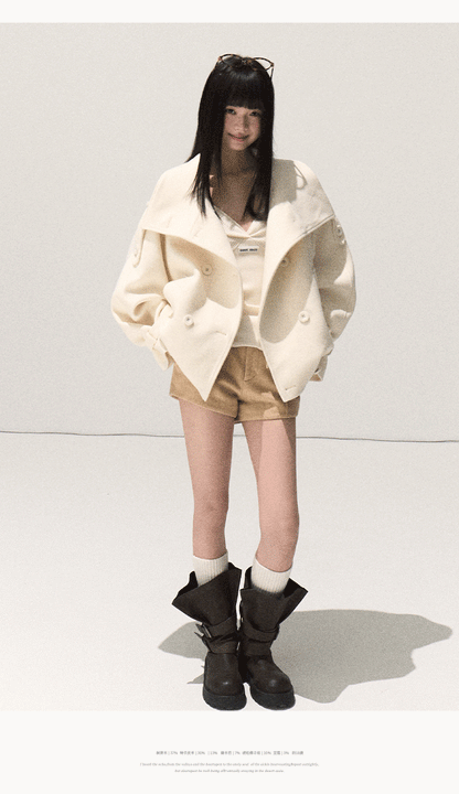 OAKMOO/ Sand Beige Wool Stand-Collar Short Coat