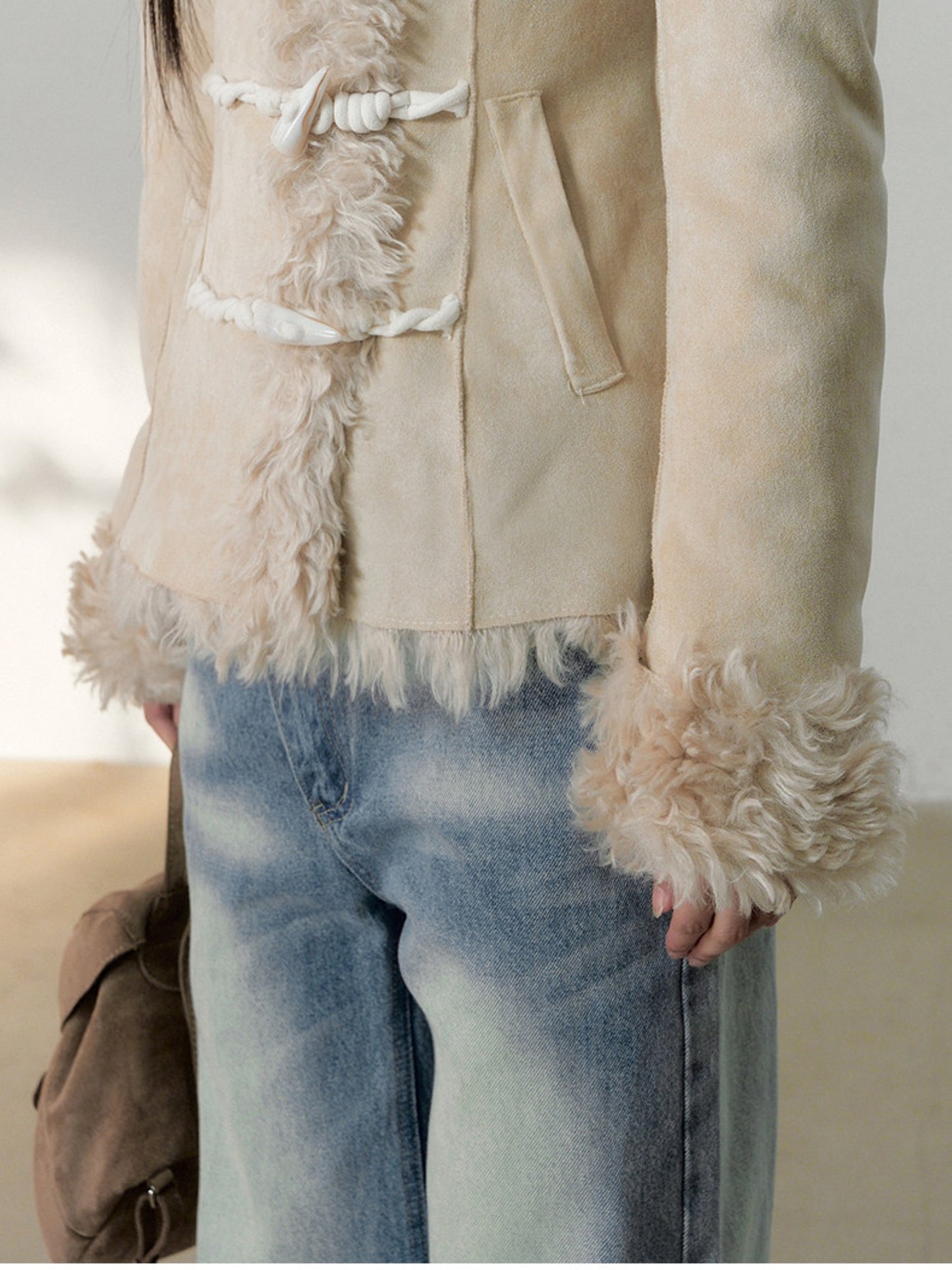 Soote Season - Cream Latte Faux Suede Toggle Belted Shearling Jacket