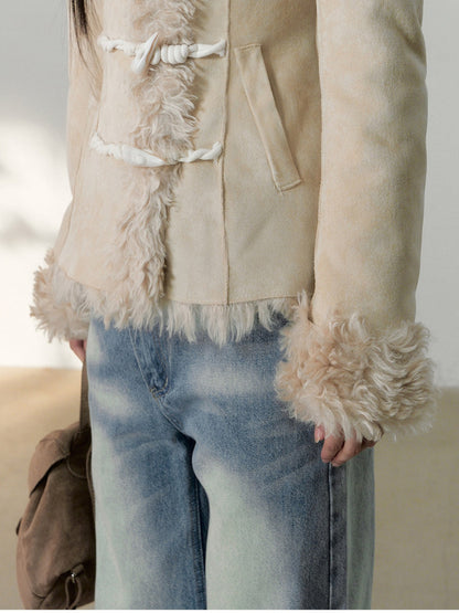 Soote Season - Cream Latte Faux Suede Toggle Belted Shearling Jacket