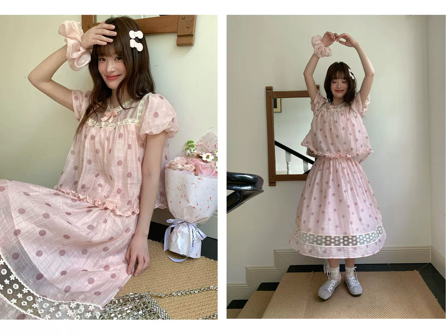[RF] “Peach Polka Daydream” Pink Polka Dot Two-Piece Skirt Set
