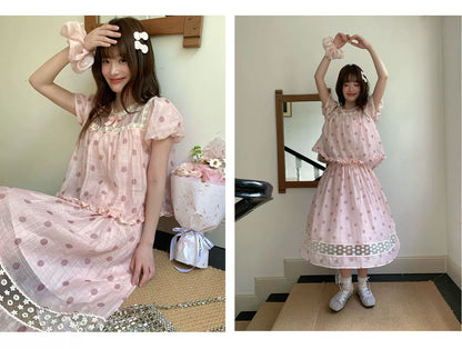 [RF] “Peach Polka Daydream” Pink Polka Dot Two-Piece Skirt Set