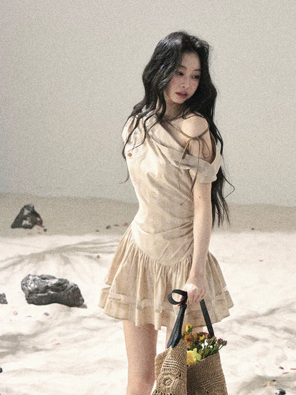 "Traces Left by the Wind" Sand Beige Off-Shoulder Plaid Puff Mini Dress