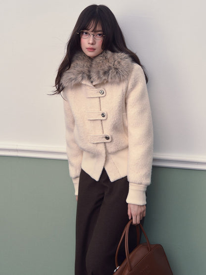 Soote Season - Cream White Wool-Blend Cropped Down Jacket with Faux Fur Doll Collar