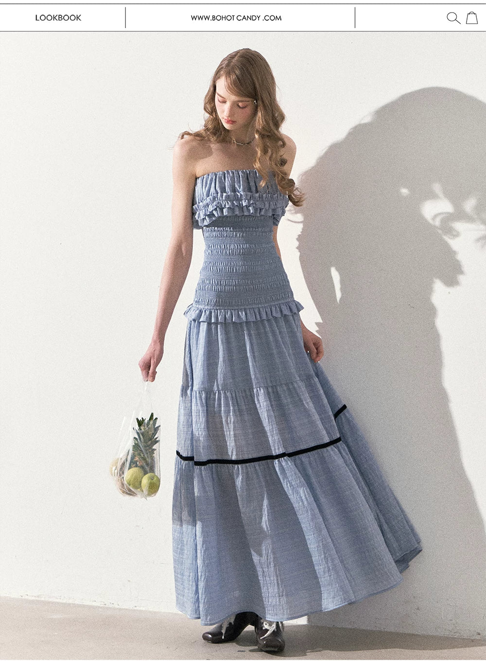 "Twilight Verses" Misty Blue Smocked Ruffle Maxi Dress