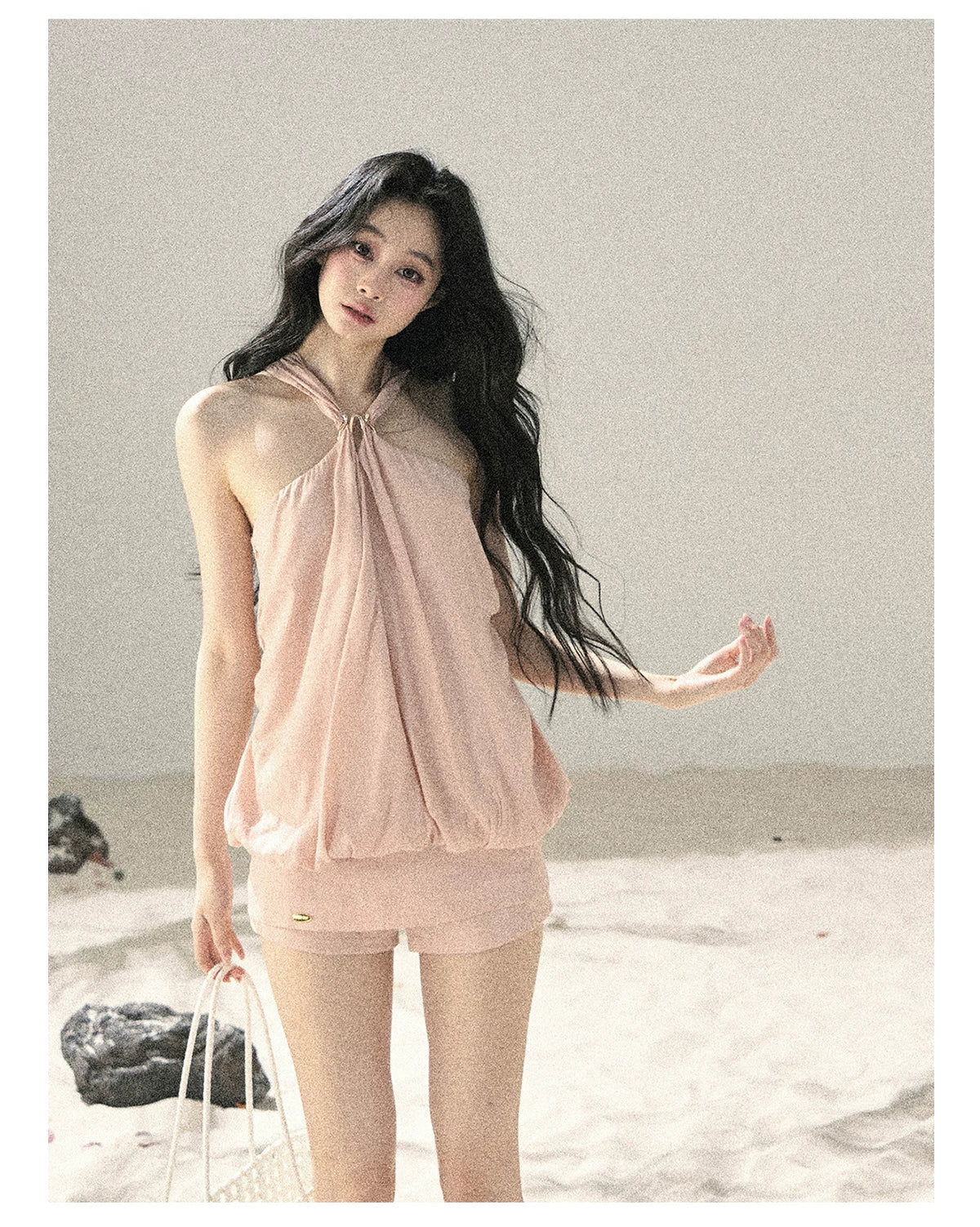 "Soft Luminous Glow" Misty Pink Halter Top & High-Waisted Skort Two-Piece Set