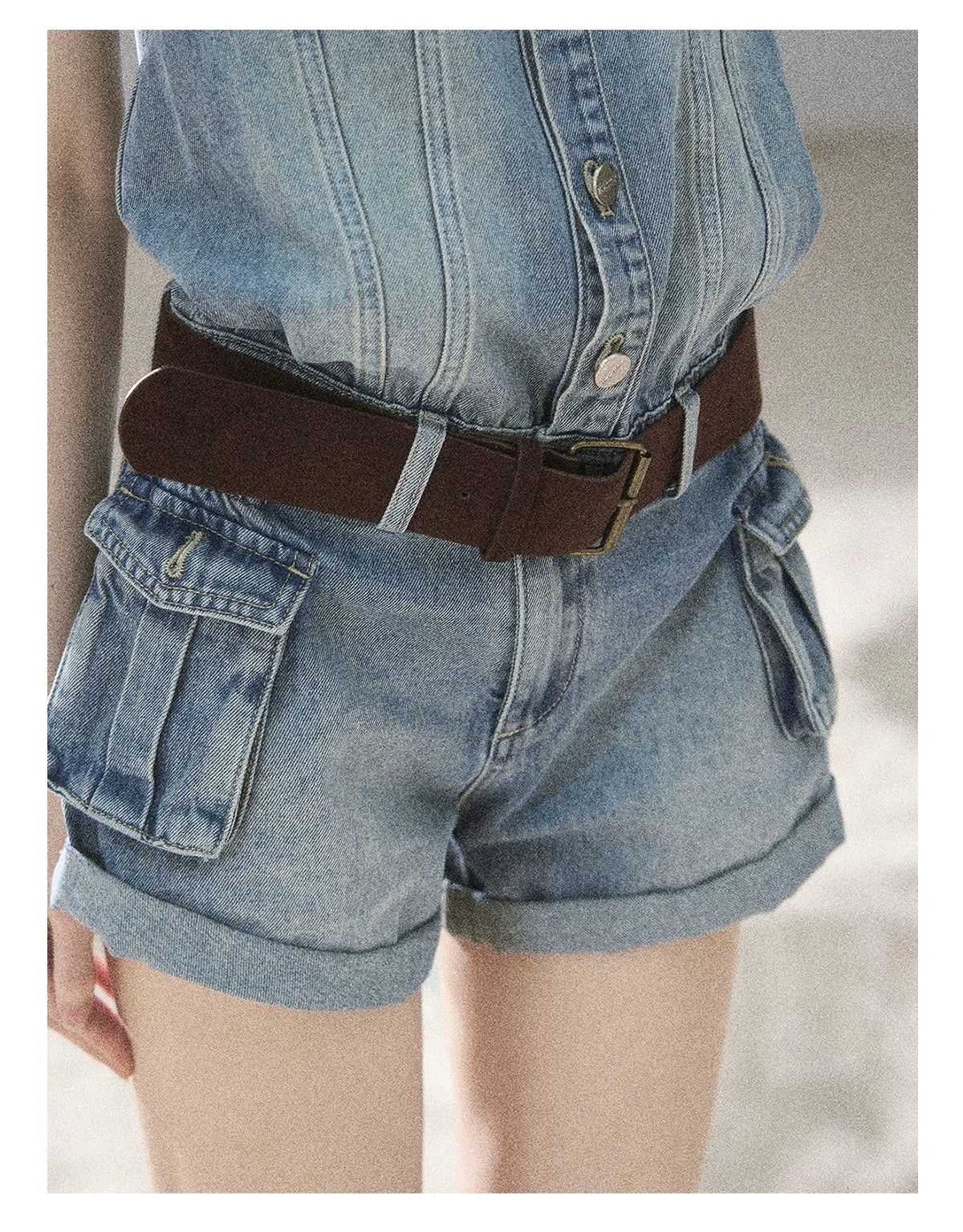 "A Walk by the Sea" Collegiate Blue Denim Utility Romper (With Belt)