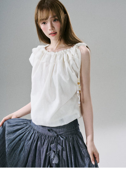 LOST FOREST - Natural Linen-Blend Drawstring Shoulder Top