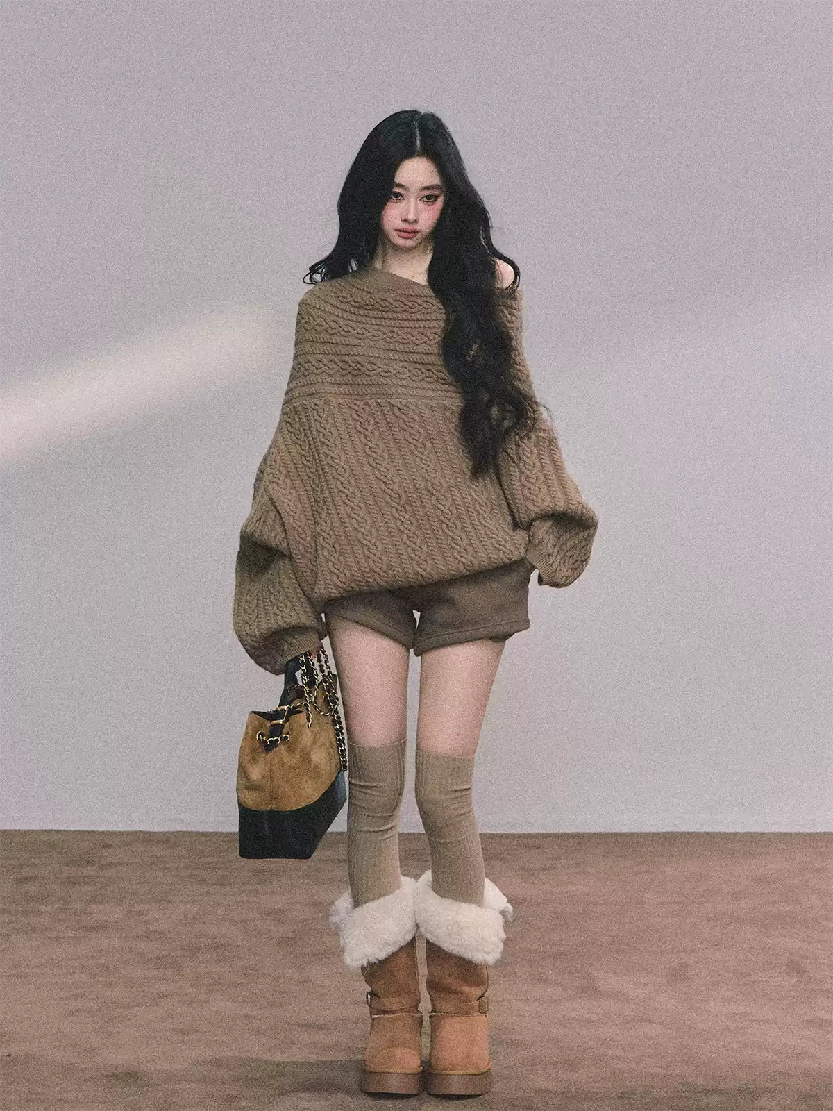 少也眼 Korean-Style Loose Fit Cable Knit Sweater