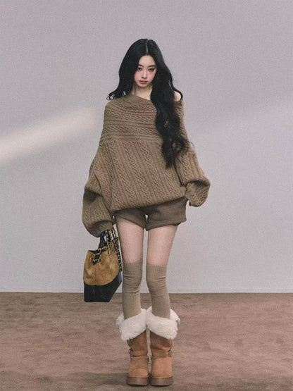 少也眼 Korean-Style Loose Fit Cable Knit Sweater