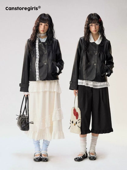 [CAN] "Midnight Sweetheart" Black Bow Pocket Doll Collar Faux Leather Jacket