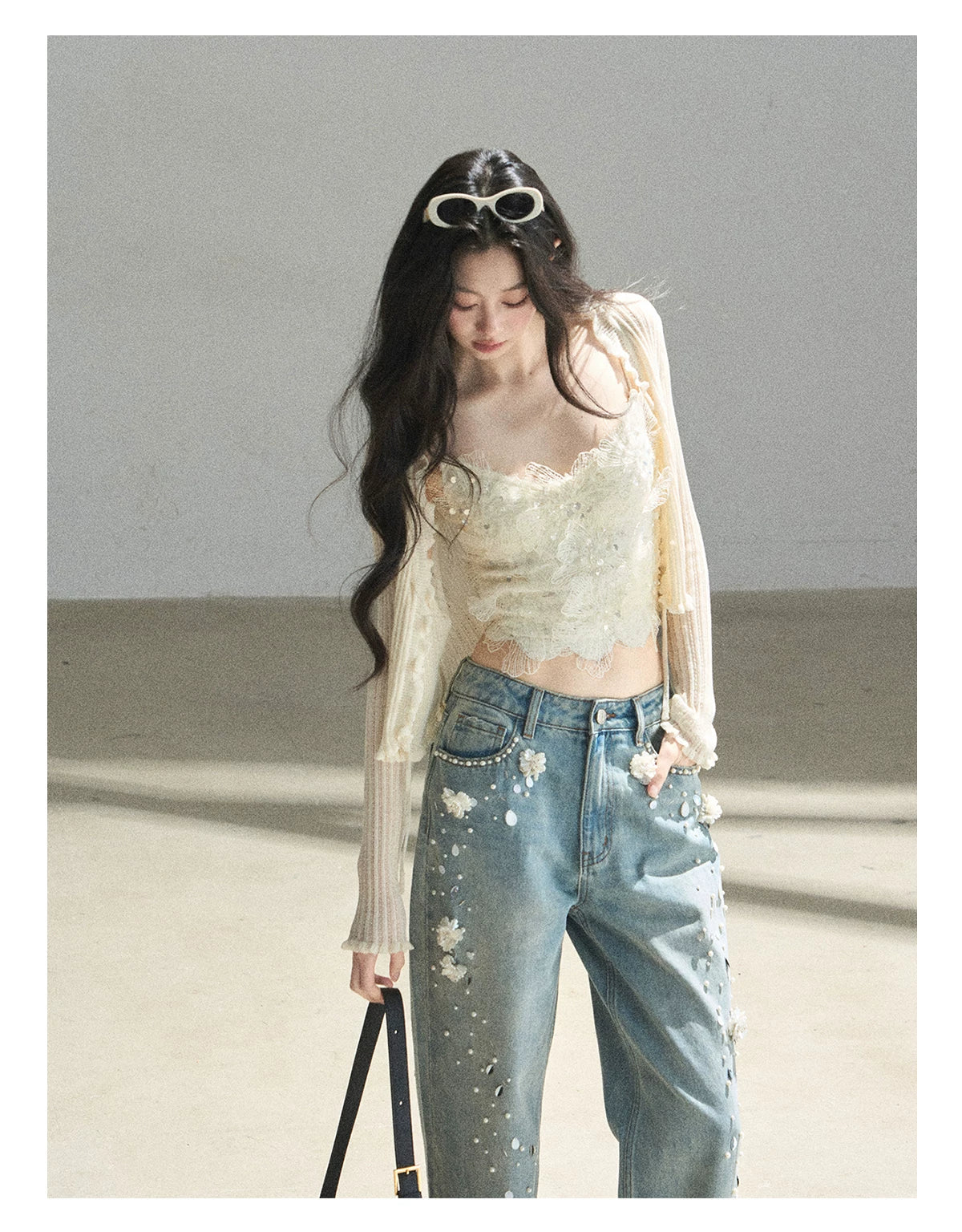 "Waiting for the Breeze" Apricot Lace Knit Cardigan & Cami Set