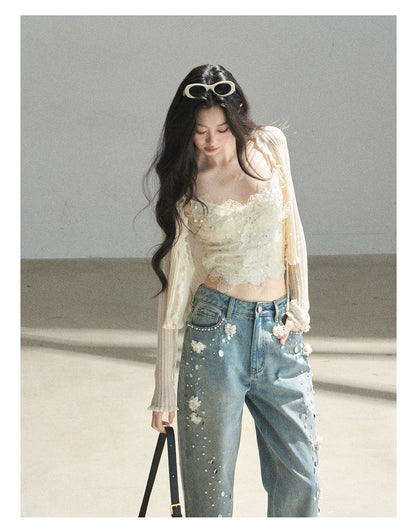 "Waiting for the Breeze" Apricot Lace Knit Cardigan & Cami Set