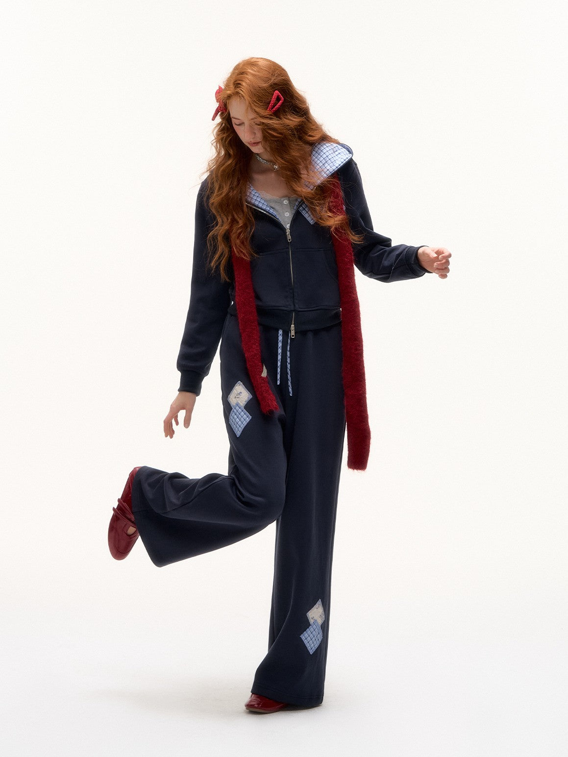 ASGONY - Preppy Patchwork Hoodie & Straight-Leg Sweatpants Set