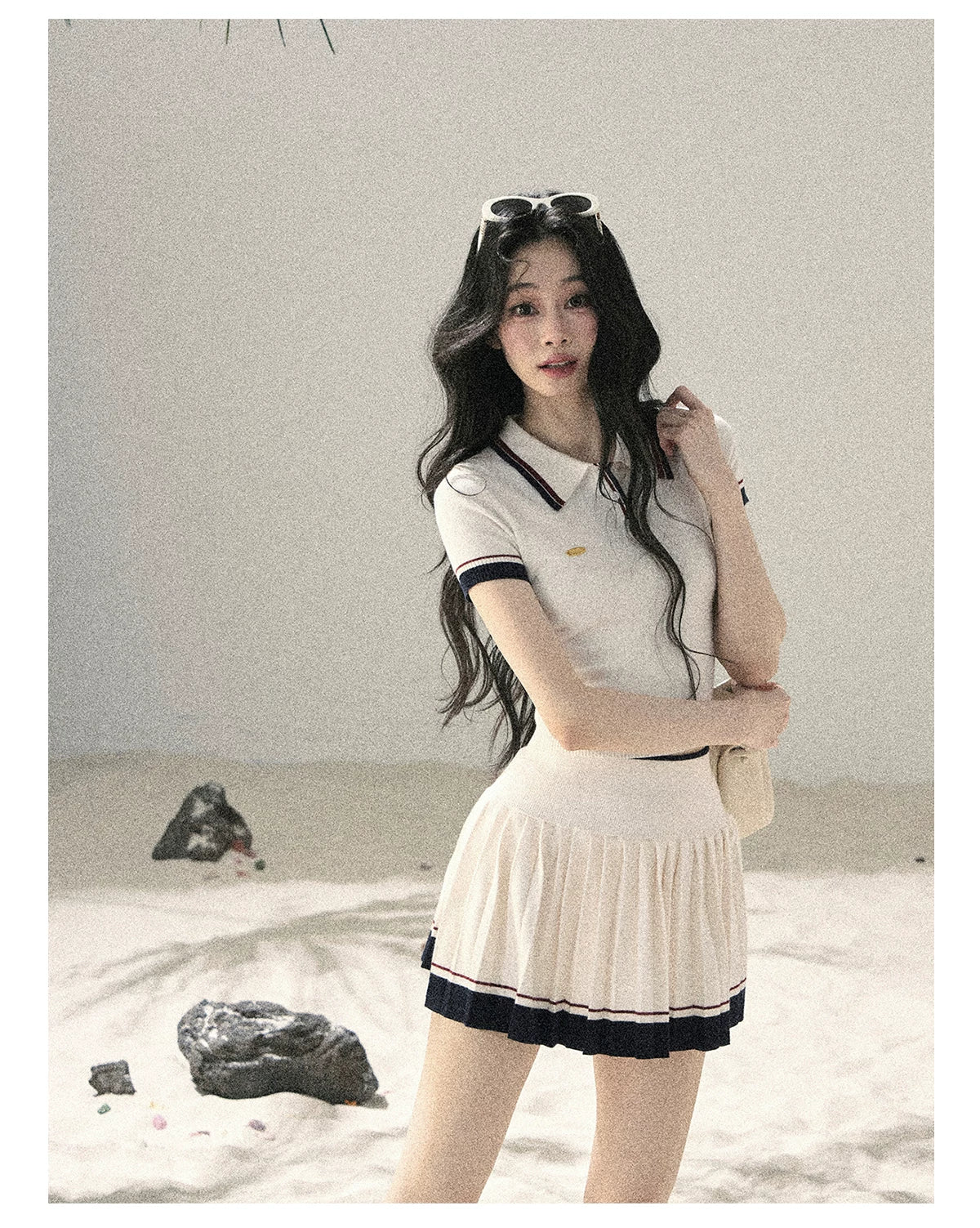 "Moonlight in Pieces" Cloud White Ribbed Knit Top & Pleated Mini Skirt Two-Piece Set