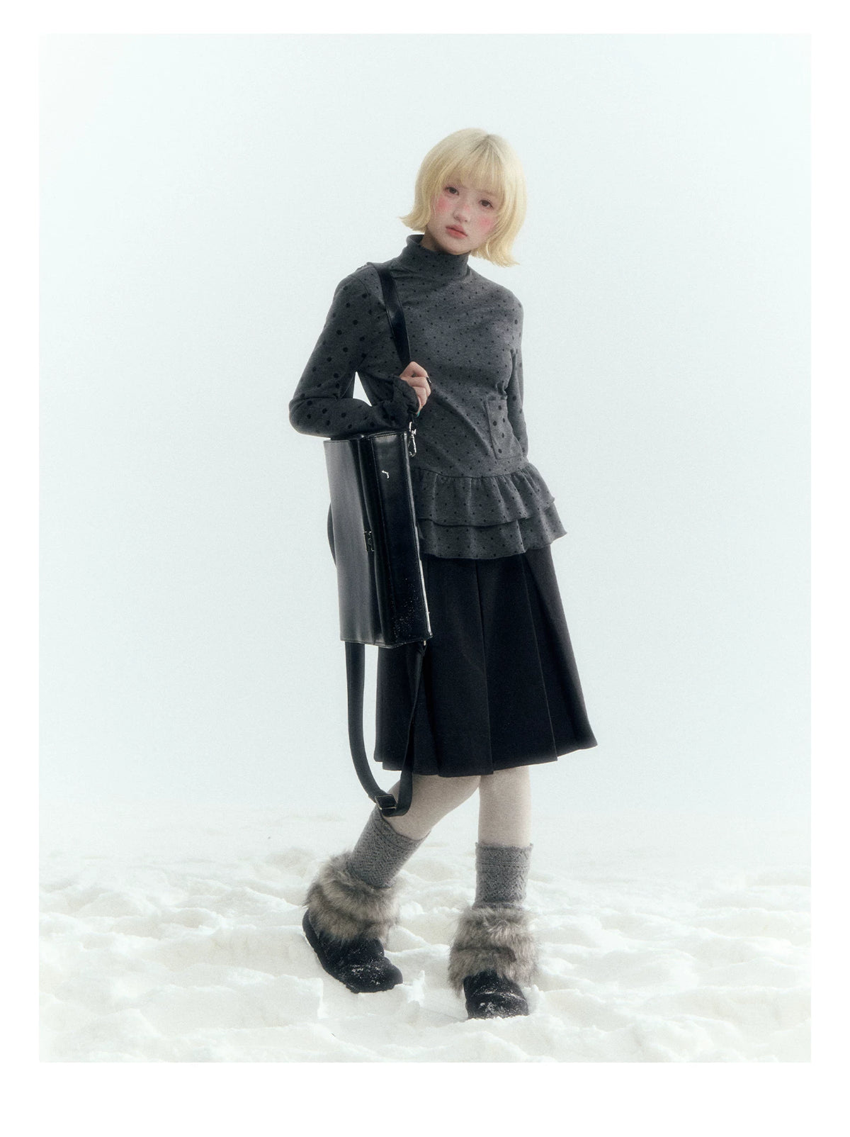Horridale - Dark Gray Polka Dot Mock Neck Layering Top with Ruffle Hem
