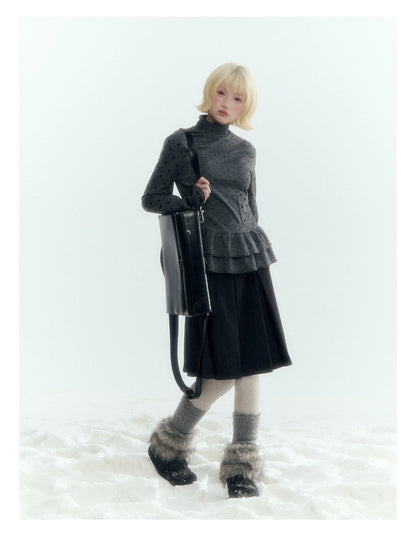 Horridale - Dark Gray Polka Dot Mock Neck Layering Top with Ruffle Hem