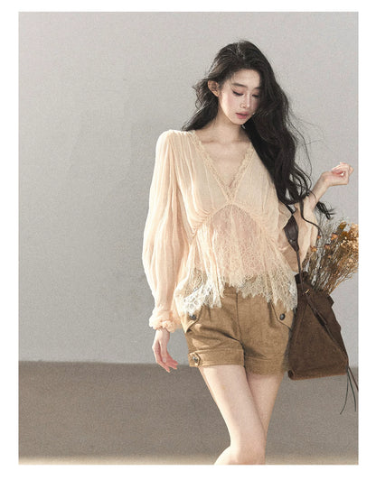 AOMALM - Blush Pink Lace-Trim Chiffon Blouse & Cami Set