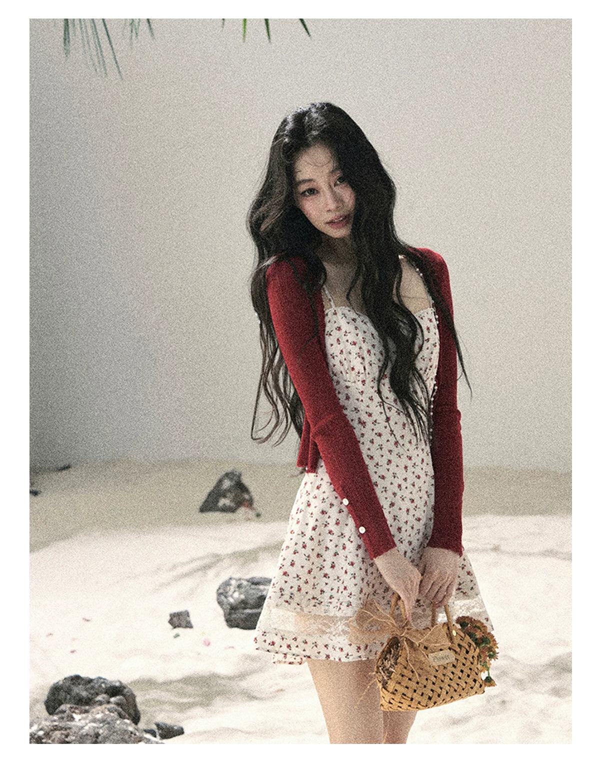"Blooming Rose Reverie" Cloud White Floral Lace Mini Dress & Burgundy Wine Cardigan 56483