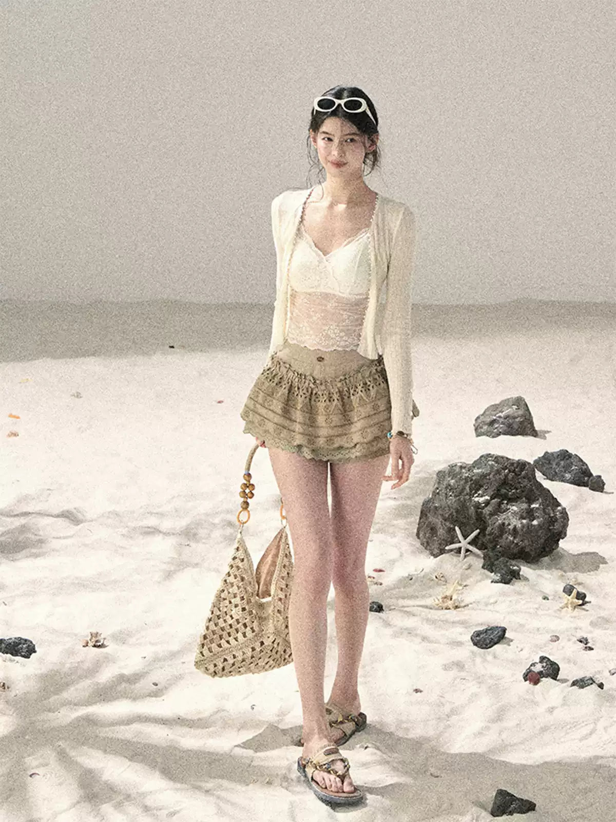"Translucent Skin" Cream Apricot Lace Camisole Top 455335