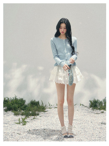 少也眼 “Pearl Whisper” Moonlight Blue Cable-Knit Ruffle-Hem Cropped Cardigan 626586578