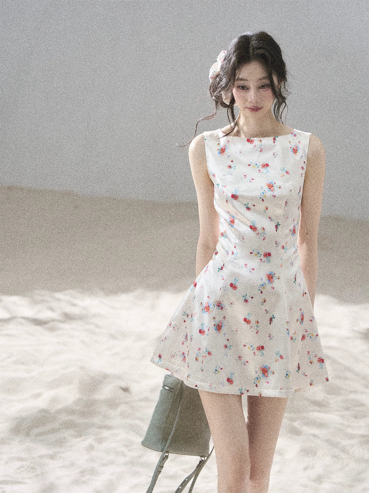 "Where Every Bloom Begins" Dutch Cream Floral Satin Puff Mini Dress (With Matching Scrunchie)