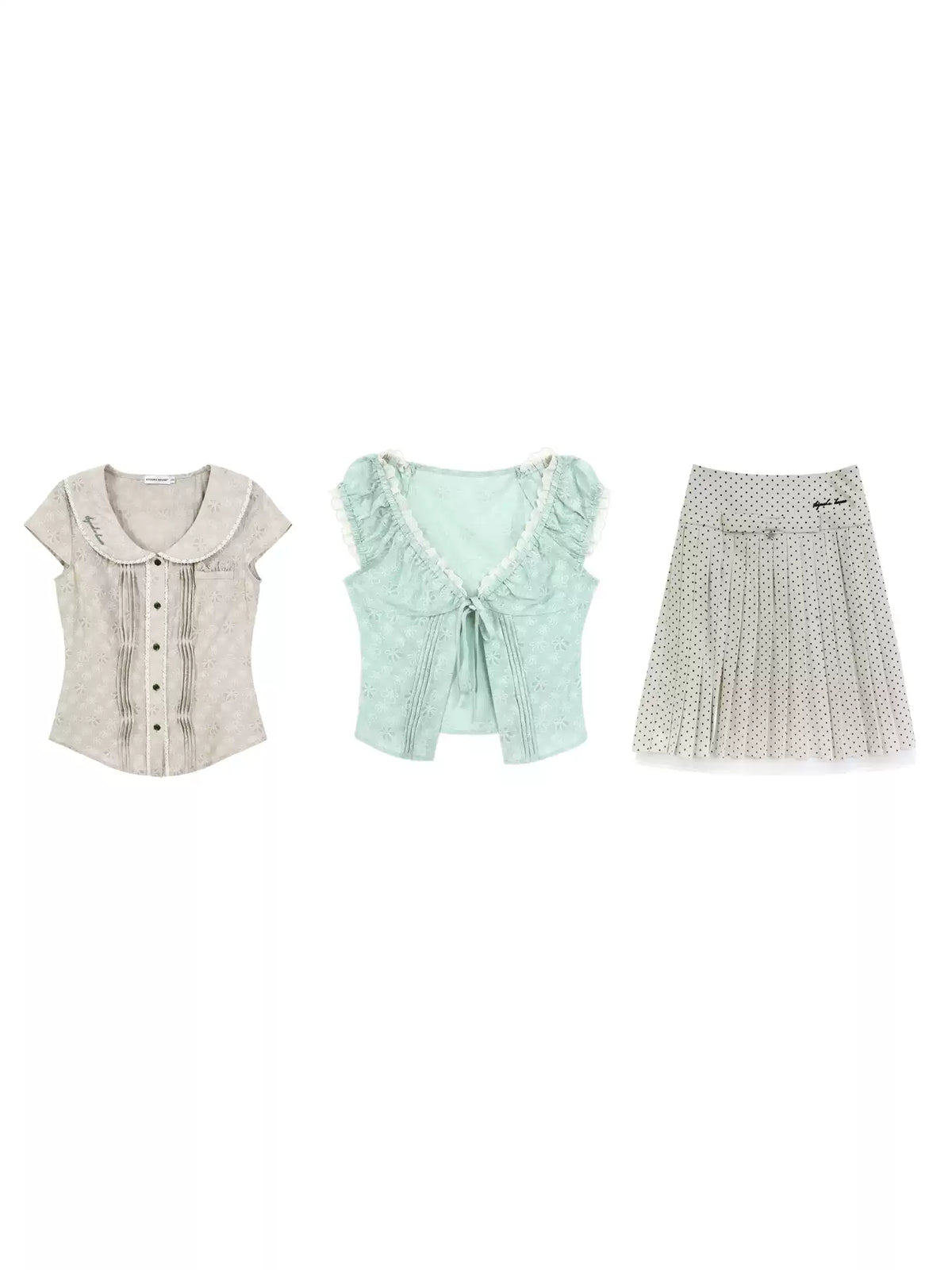 "Blooming Branches" Fresh Layered Collection (Mint Green Tie-Front Cardigan / Oat Blouse / Beige Polka Dot Skirt)