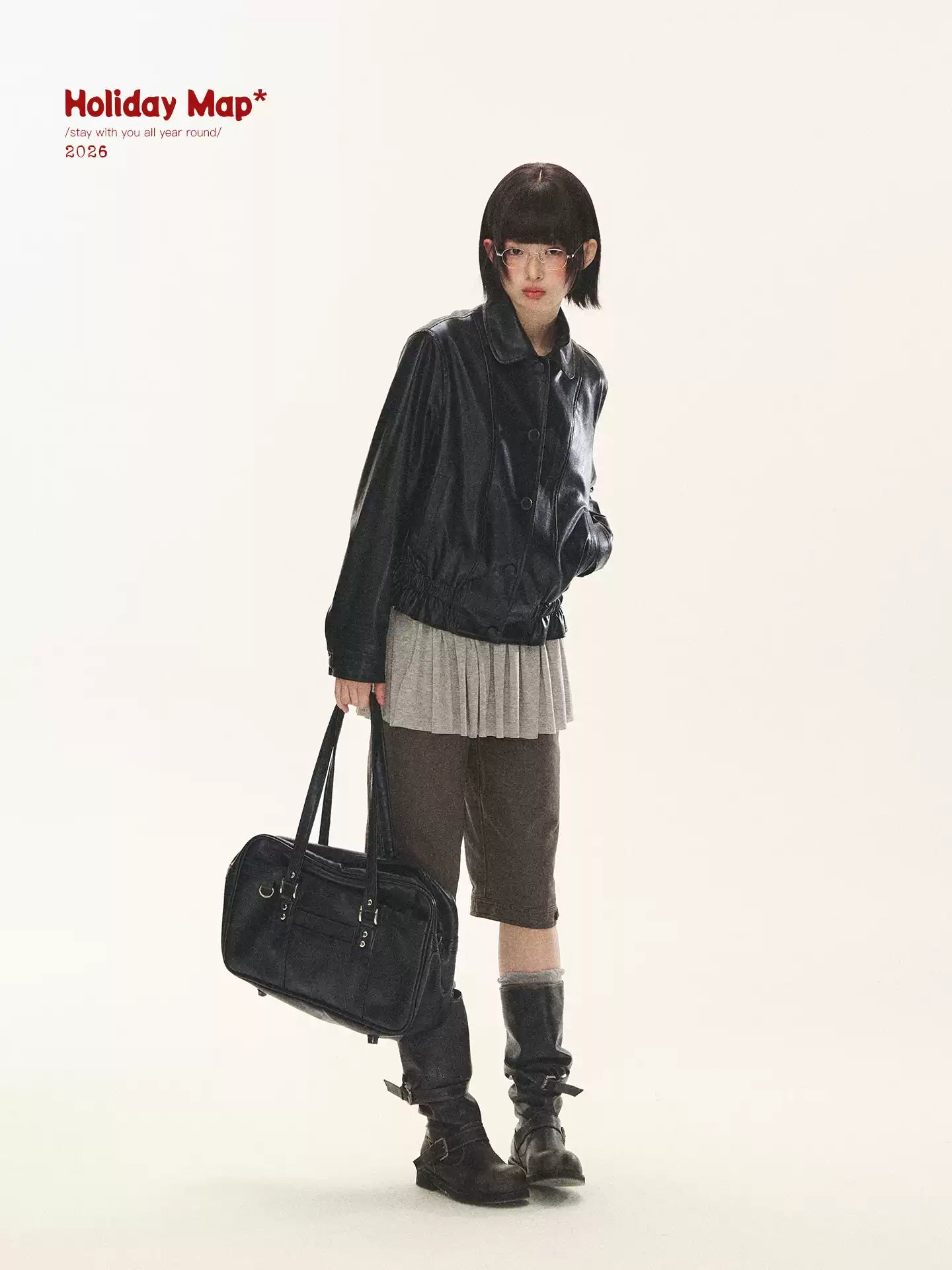 "Venus Gallery" Black Ruffle Collar Cropped Faux Leather Jacket