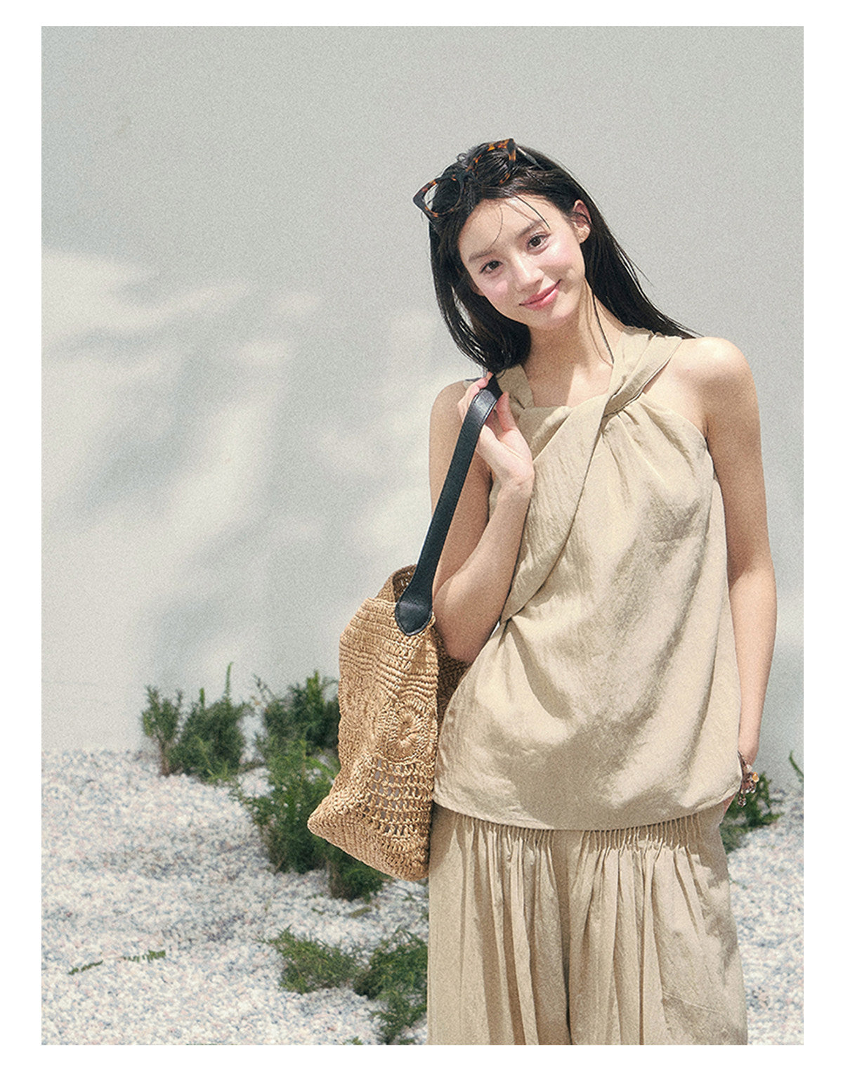 “Soft Khaki Whisper” Milk Tea Halter Twist Top & Wide-Leg Trousers