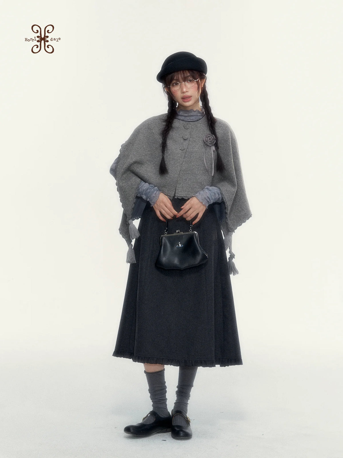 Vintage Double-Breasted Wool Dress & Knit Fringe Cape Set