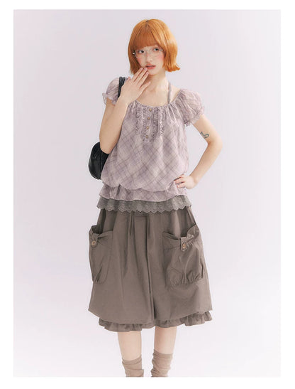 “Misty Plum Plaid” Gray-Purple Plaid Lace Trim Halter Top