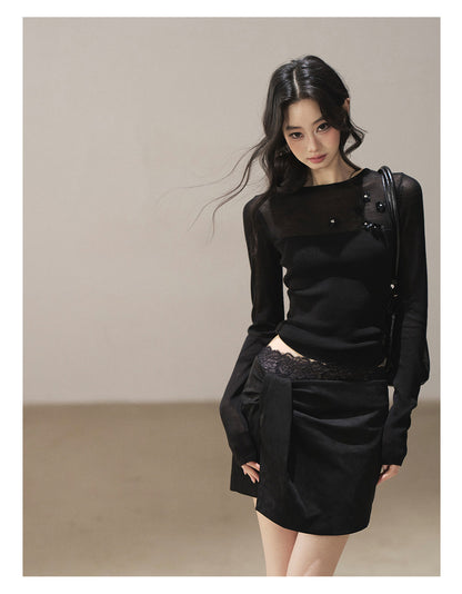 170726 "Hidden Between Light and Shadow" Tranquil Black Sheer Layered Knit Top