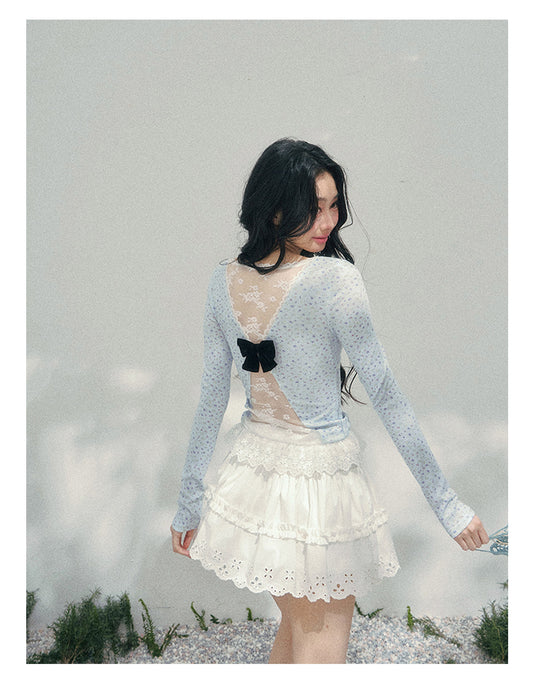 少也眼 "Heartbeat Pause" Baby Blue Back Lace Cut-Out Top 53685634
