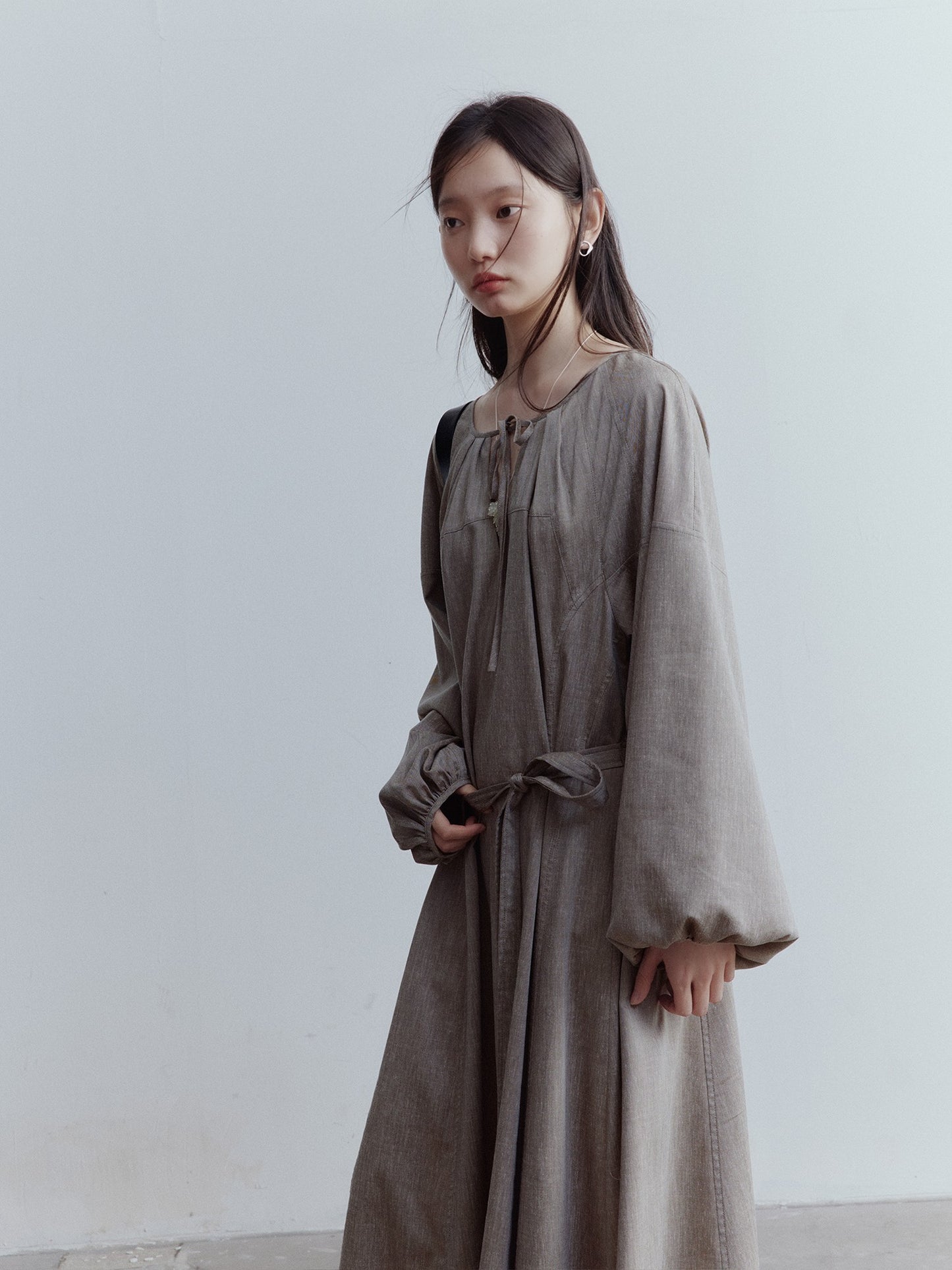 FUSSED Misty Forest Flowy Linen Blend Dress – Gray-Brown Green FOF-25SS135