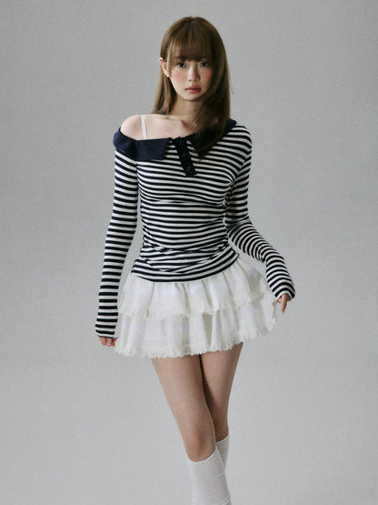 LOST FOREST - Striped Asymmetrical Lyocell-Wool Layering Top