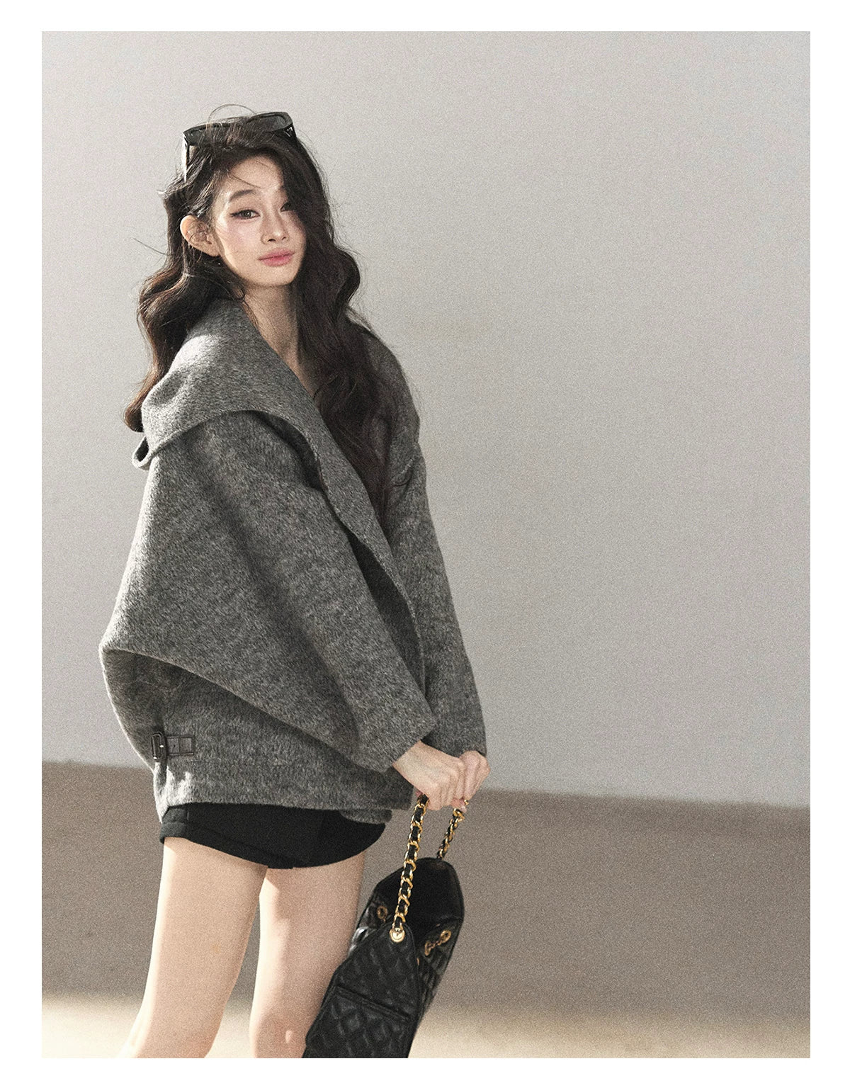 AOMALM - Dark Heather Gray Hooded Wool-Blend Jacket (With Inner Bra)