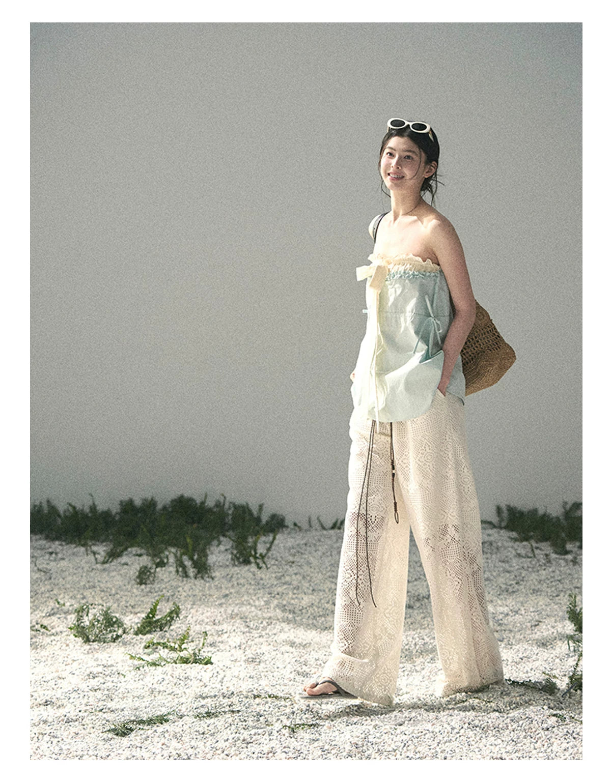 “Blue Whispers on Ivory” Mint Ruffle Bustier Top