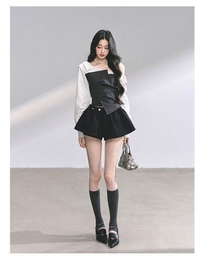 少也眼 "Gossip Senior Muse" Faux-Layered French Asymmetric Shoulder Blouse 56485652
