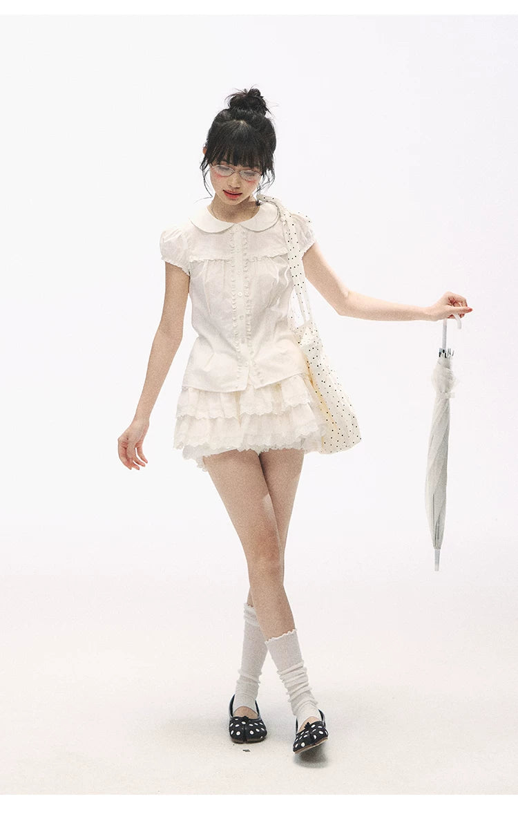 "Lace Soufflé" White Tiered Ruffle Bubble Skort