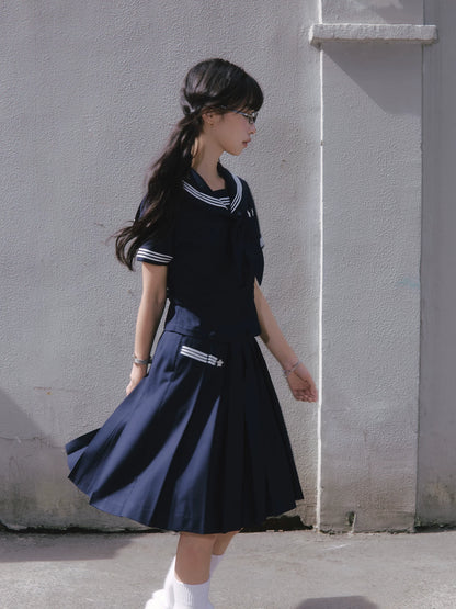 "Evening Star" Navy Sailor Uniform Collection (Sailor Blouse with Scarf / Pleated Midi Skirt)